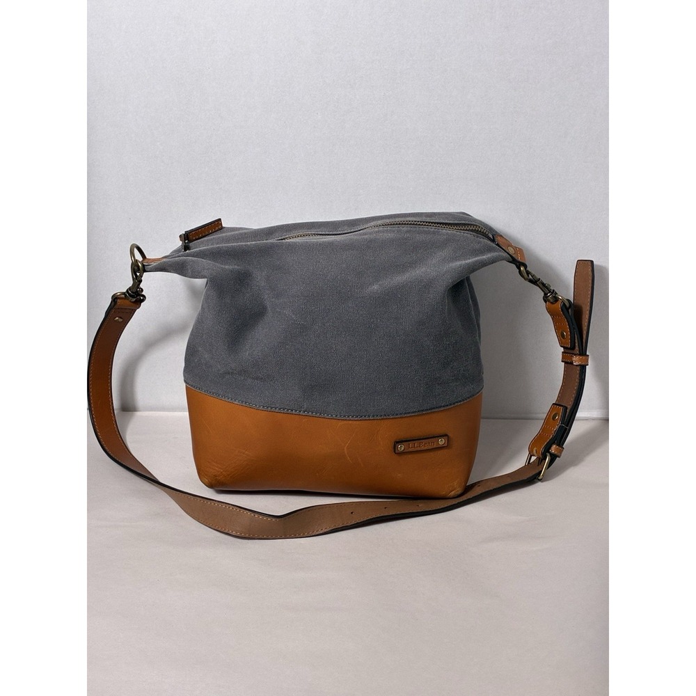 LL Bean Meadows Canvas Leather Bag Crossbody Zip Closure Grey/brown